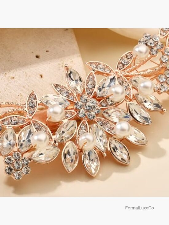 Rose Gold Crystal Pearl Bridal Hair Clip Floral Comb Wedding Accessory main image 6